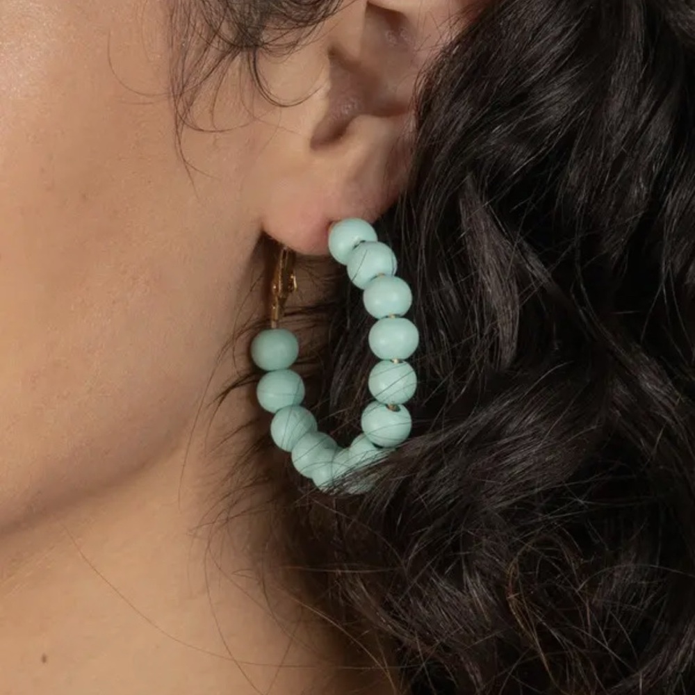 Anthropologie SAACHI Beaded Wood Hoop Earrings Turquoise